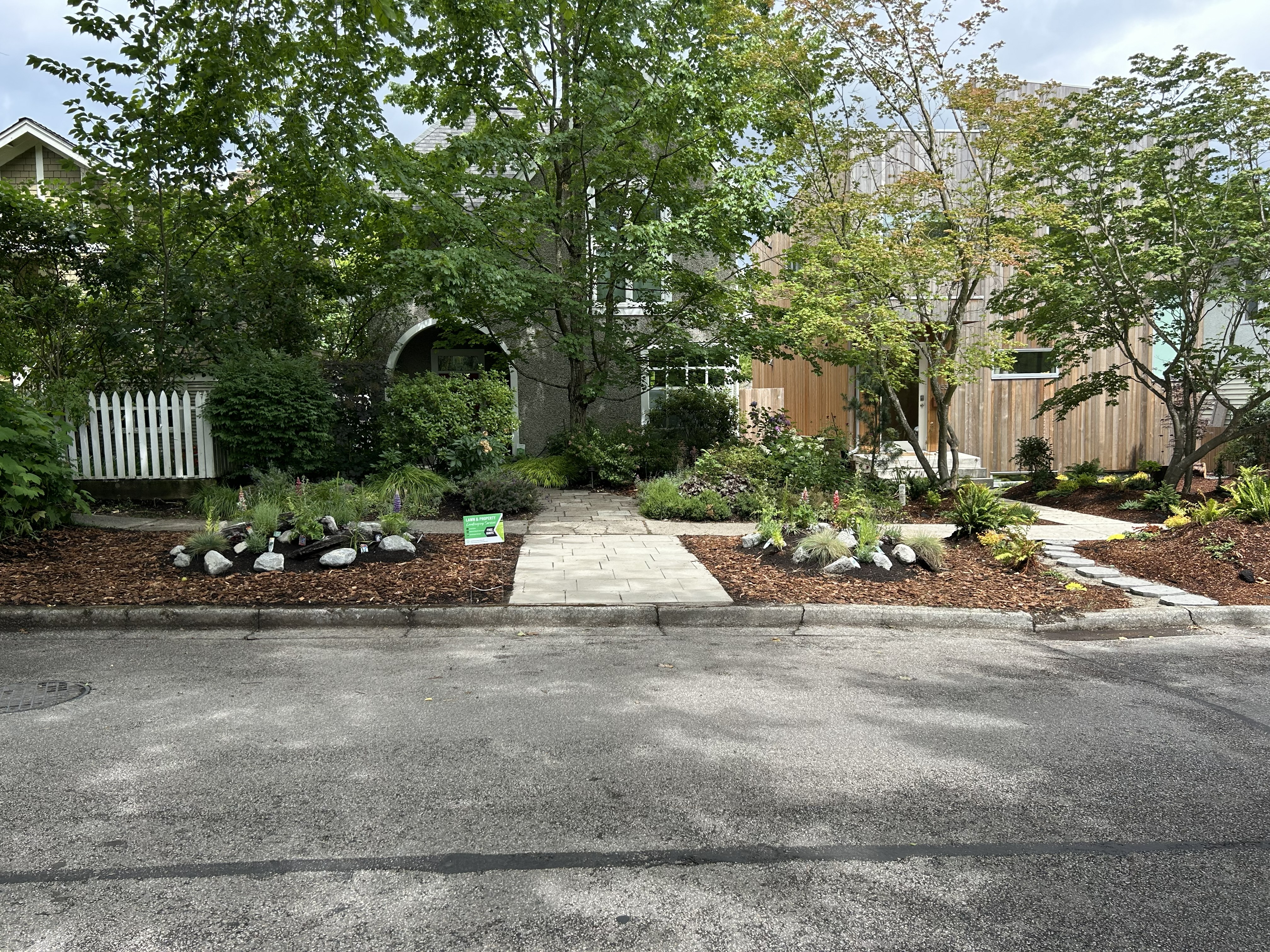 Paver walkway, mulch, and plant install in Metro Vancouver, BC by Coastal Property Services